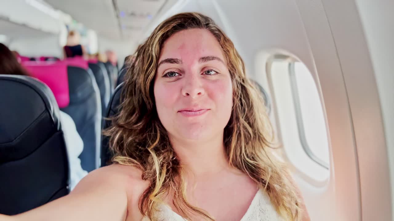 Woman Smiling at Airplane Window, Anticipating Arrival