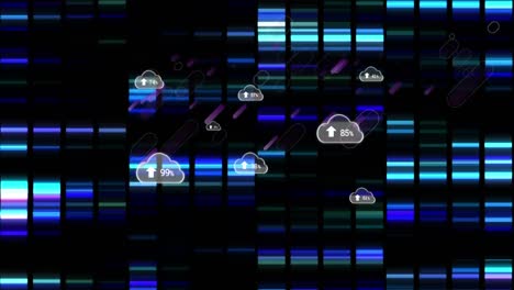 animación de nubes con número creciente sobre columnas móviles y líneas púrpuras