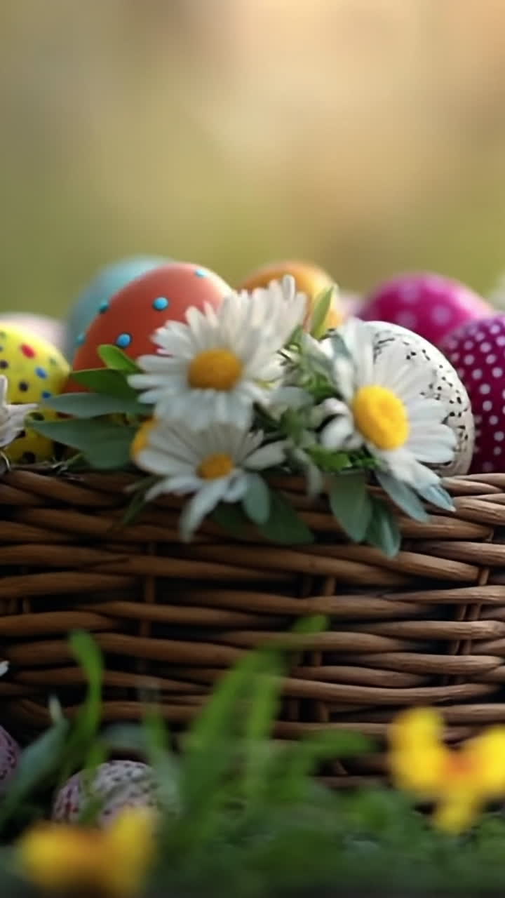 Uova di Pasqua colorate in un cesto intrecciato. Un cesto intrecciato pieno di uova di Pasqua dai colori vivaci e margherite è posizionato su un tavolo circondato da fiori in primavera.