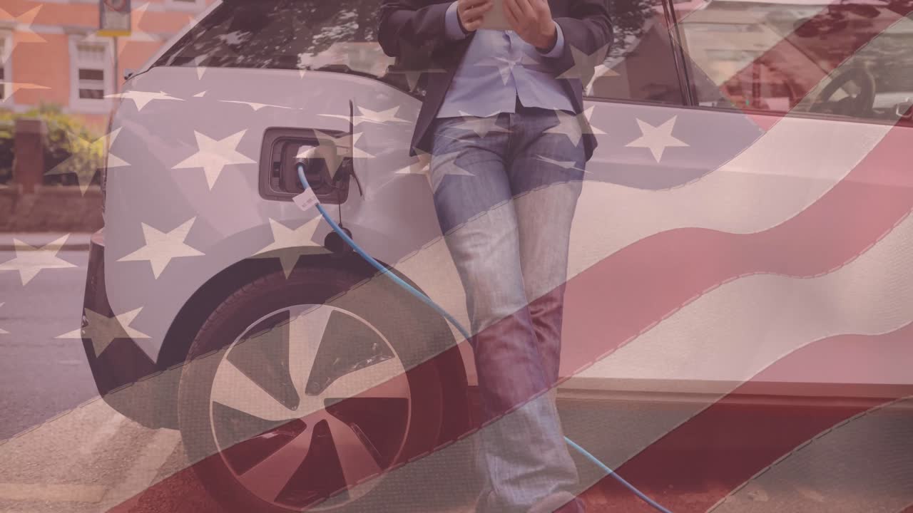 영국과 유럽 연합의  ⁇ 발이 전기 자동차를 충전하는 사람 위에