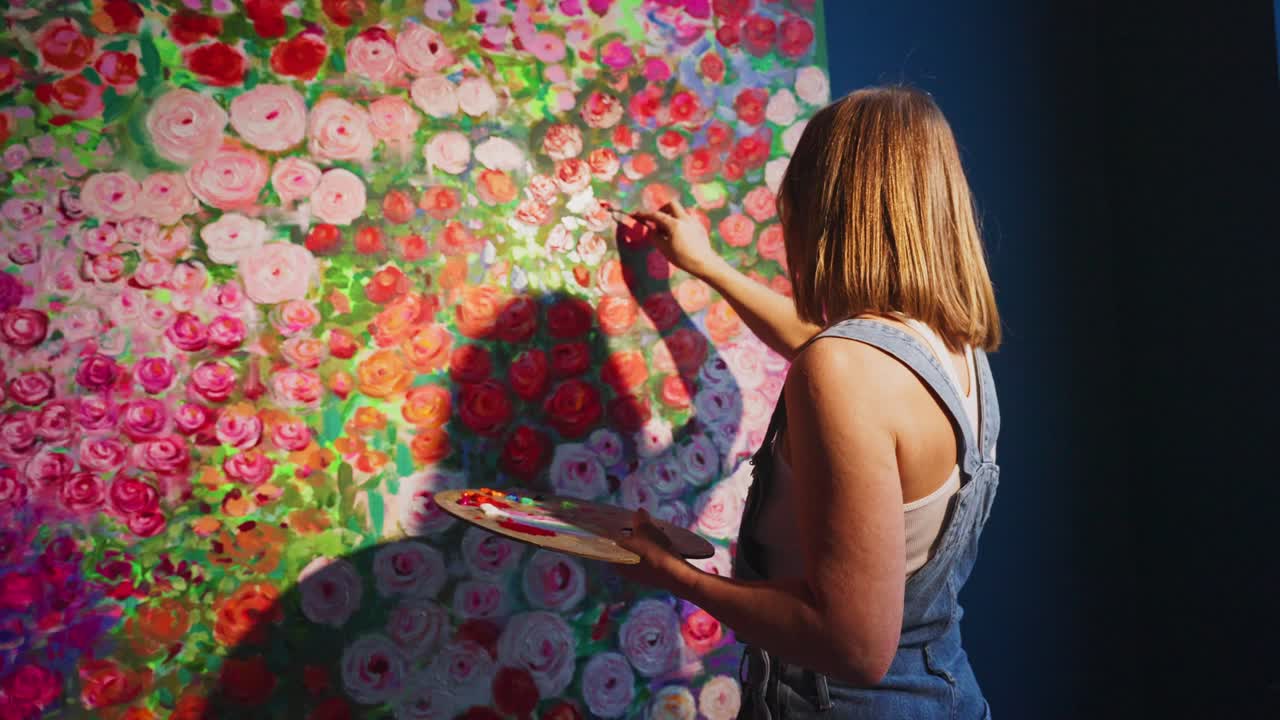 Kvindelig kunstner maler levende blomstermotiver på et stort lærred