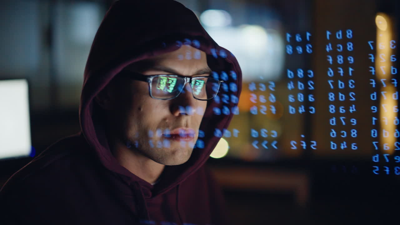 IT programmer hands typing computer code data hologram closeup. Engineer working