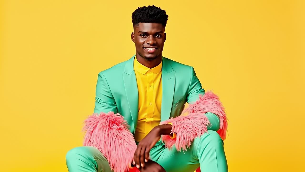 A man in a green suit with pink feathers on his lapel