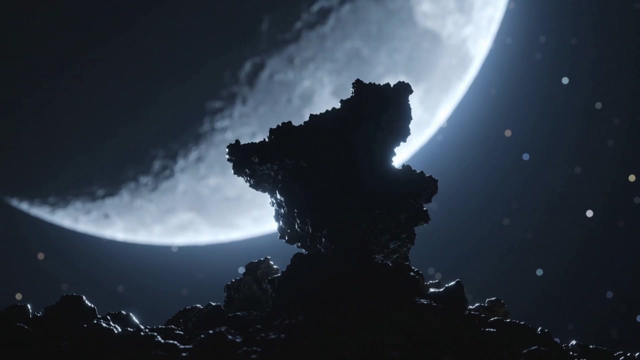 Telecamera in movimento che rivela una roccia frastagliata in una pianura lunare, esponendo la texture con luna crescente e polvere