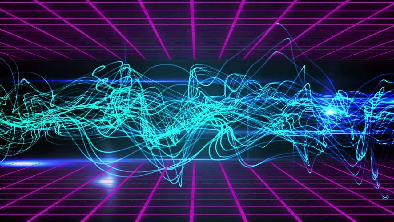 Animation of neon blue waveforms over retro grid with vibrant pink lines
