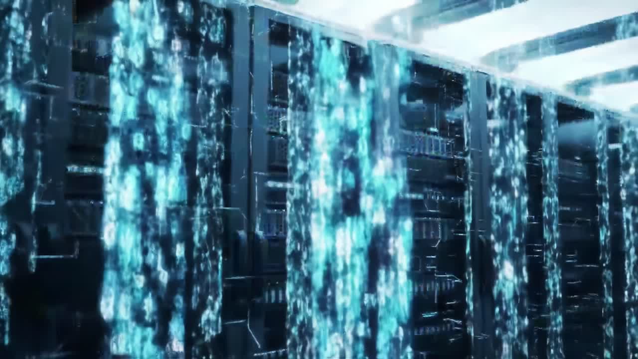 In a high-tech facility, numerous advanced servers are lined up, processing vast amounts of data. The atmosphere is dynamic with glowing lights and digital effects showcasing technology in action.