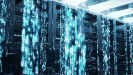 in a high-tech facility, numerous advanced servers are lined up, processing vast amounts of data. the atmosphere is dynamic with glowing lights and digital effects showcasing technology in action.