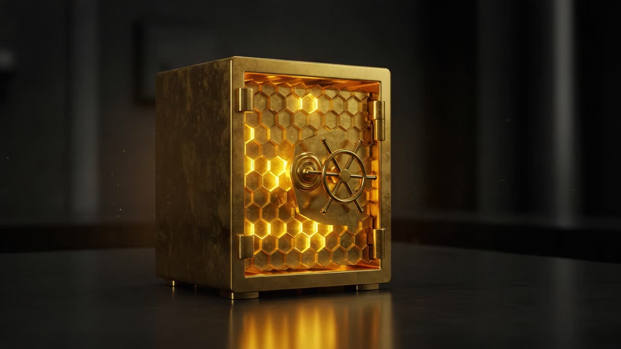A Glimmering Golden Vault: Unlocking the Mysteries of Wealth and Security with Intricate Honeycomb Design and a Brilliant Illuminated Interior
