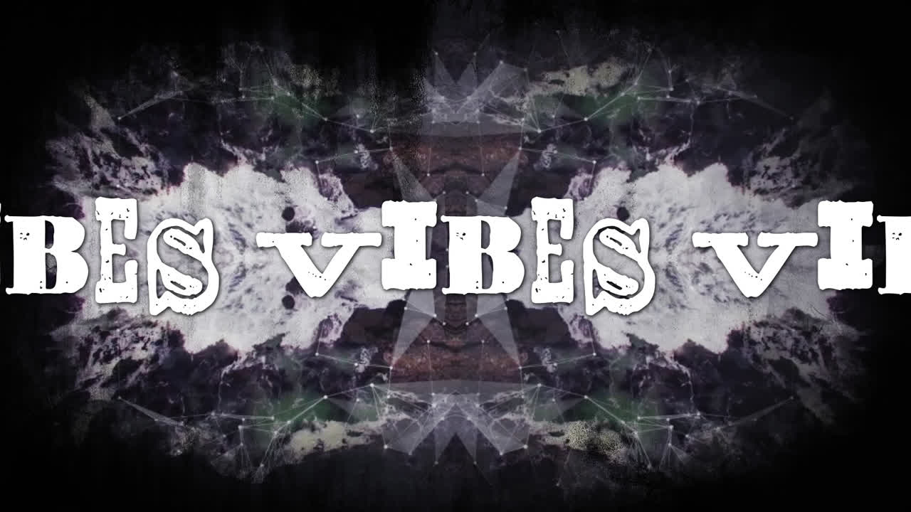 animación de vibraciones en texto blanco con distorsión de color sobre formas caleidoscópicas grises