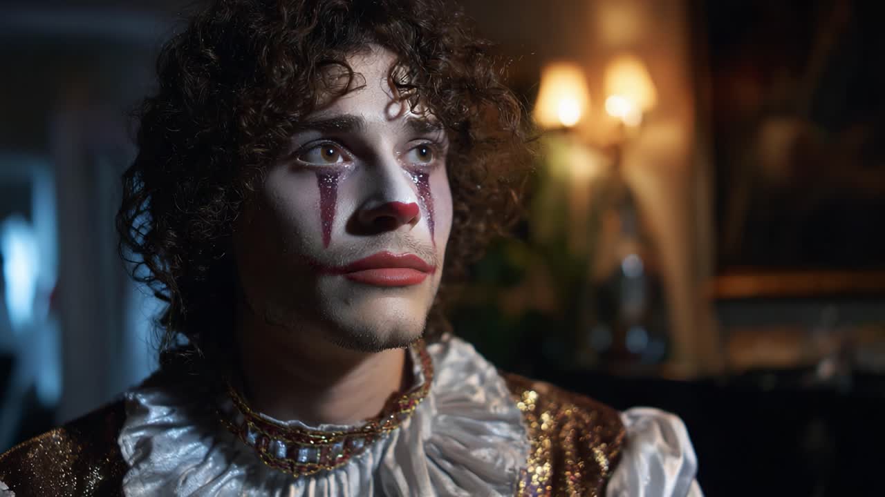 Clown contemplativo: un ritratto emozionante di un artista che riflette in una stanza scarsamente illuminata con stile artistico e un trucco unico