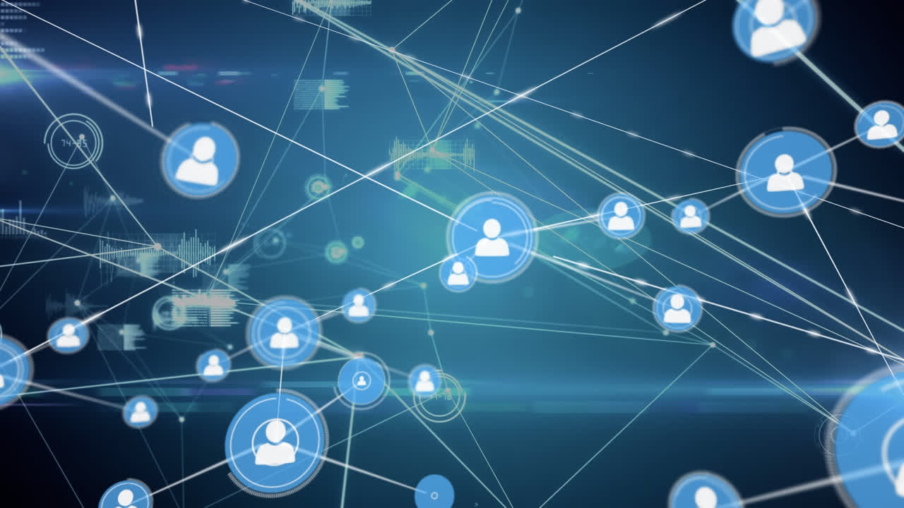 Animazione di rete di connessioni con icone su sfondo blu