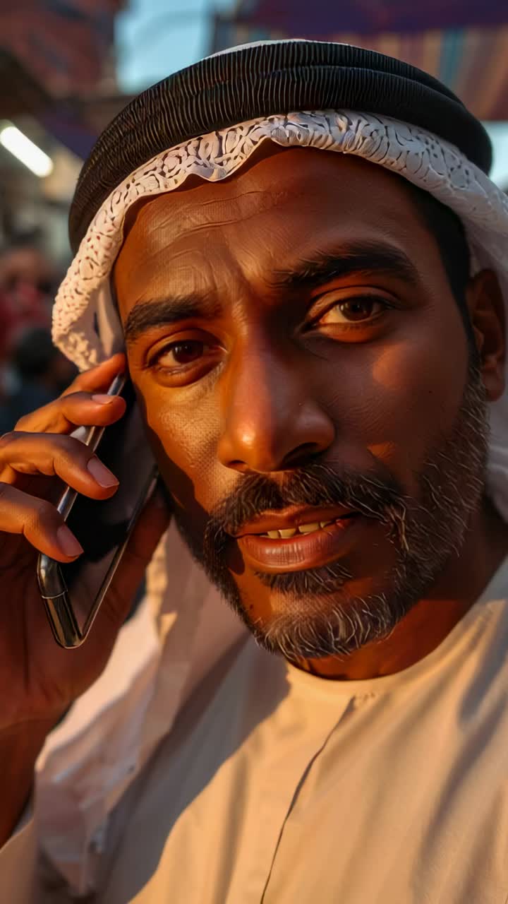 Vertikal video: Mand fra Mellemøsten tager et opkald og holder sin mobiltelefon op til øret på et marked, iført kandura med agal