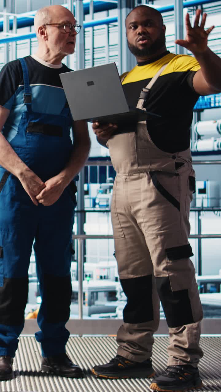 Vertical video Senior engineer talks with intern in smart factory, helping trainee use software