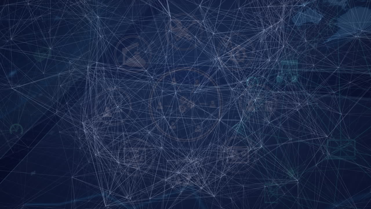Animation of network of connections over data processing on blue background