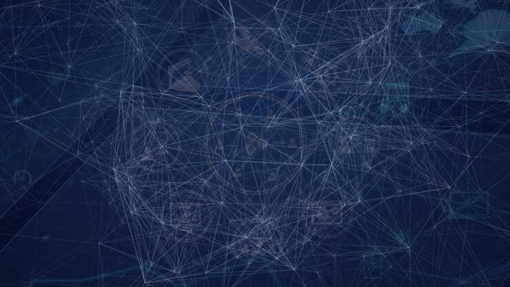 Animation of network of connections over data processing on blue background