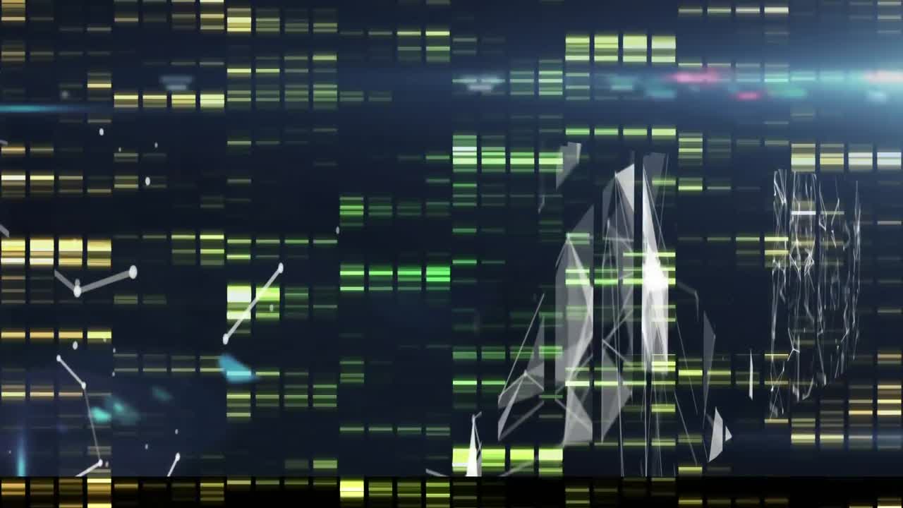 Animation of flickering multi coloured rectangles floating over networks of connections
