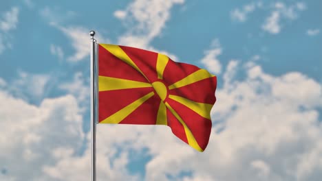 Bandera-De-Macedonia-Del-Norte-Ondeando-En-El-Cielo-Azul-Video-Realista-De-4k