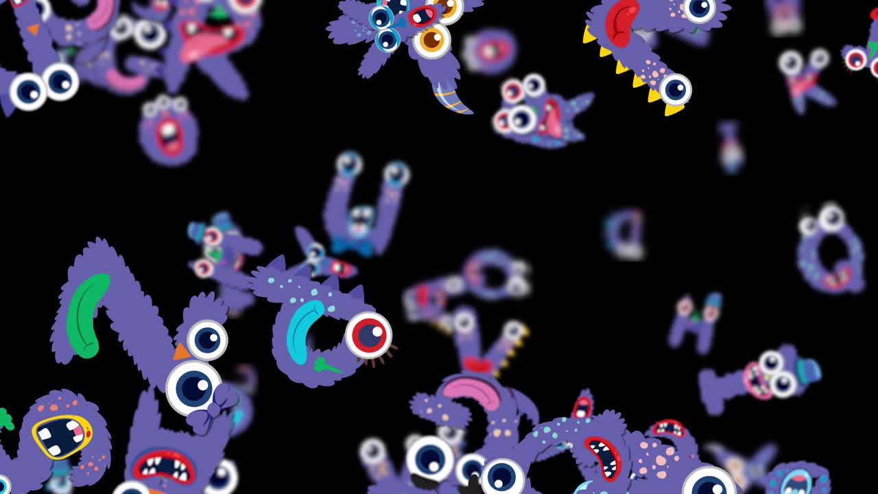 Vibrant fluffy creatures animate energetically against a black background, showcasing playful movement and vivid colors in a 30-second loop