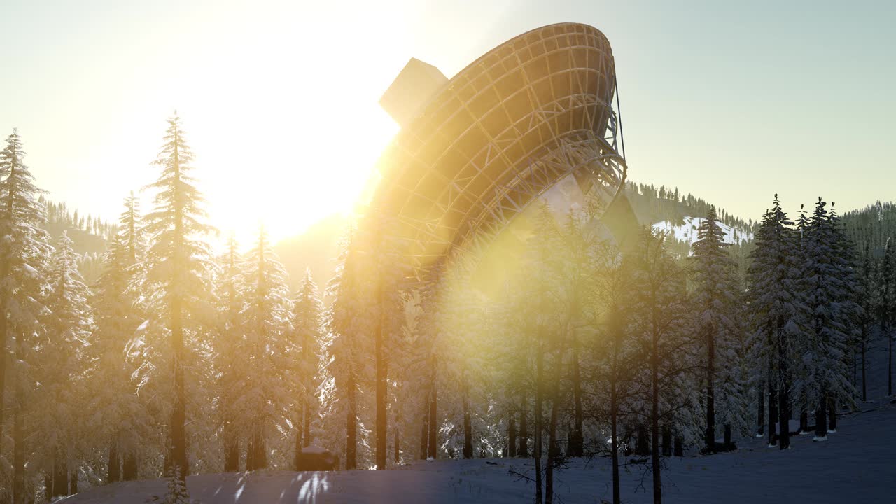 해가 지는 날 숲 속 에 있는 천문대 라디오 망원경
