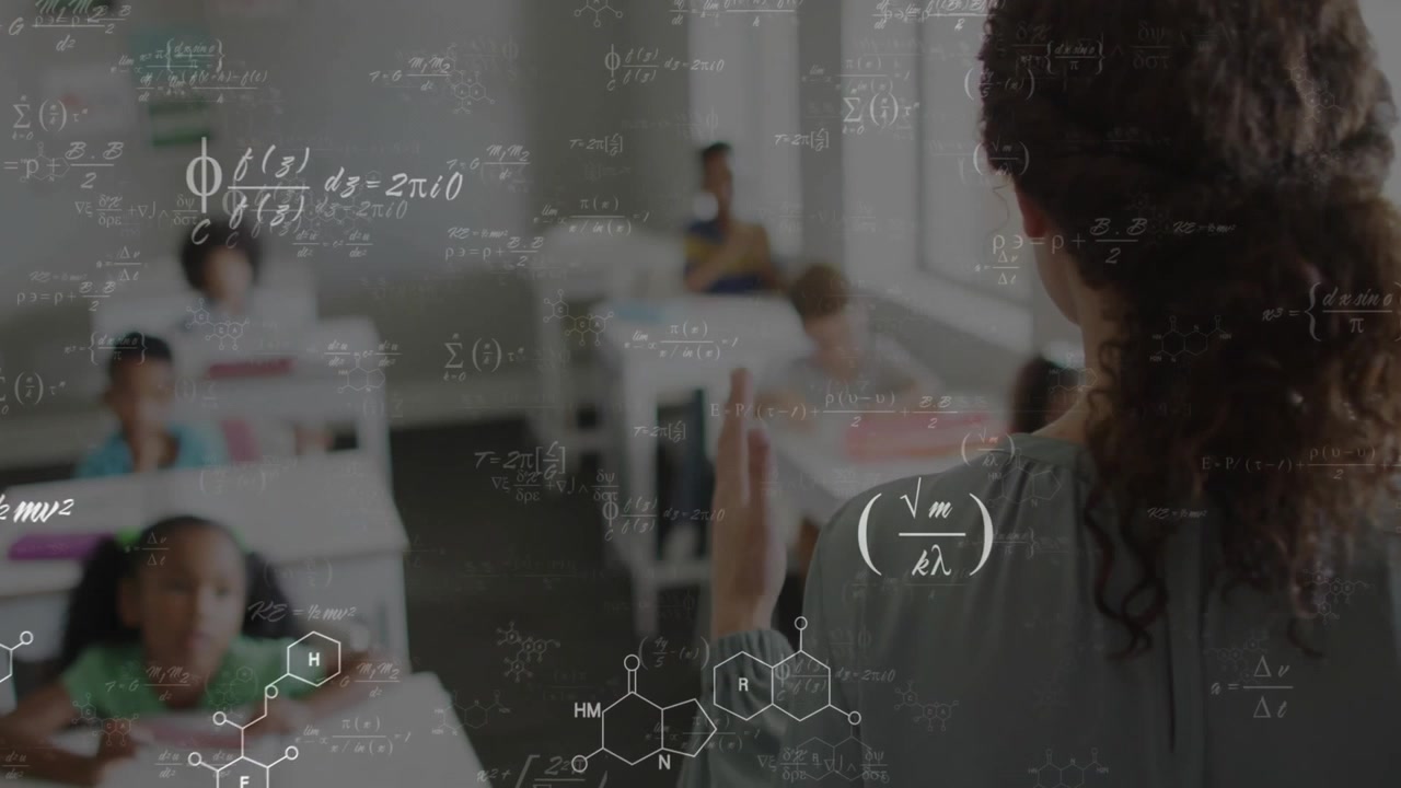 Teacher lifting finger causing equations and diagrams surrounding students writing teaching STEM