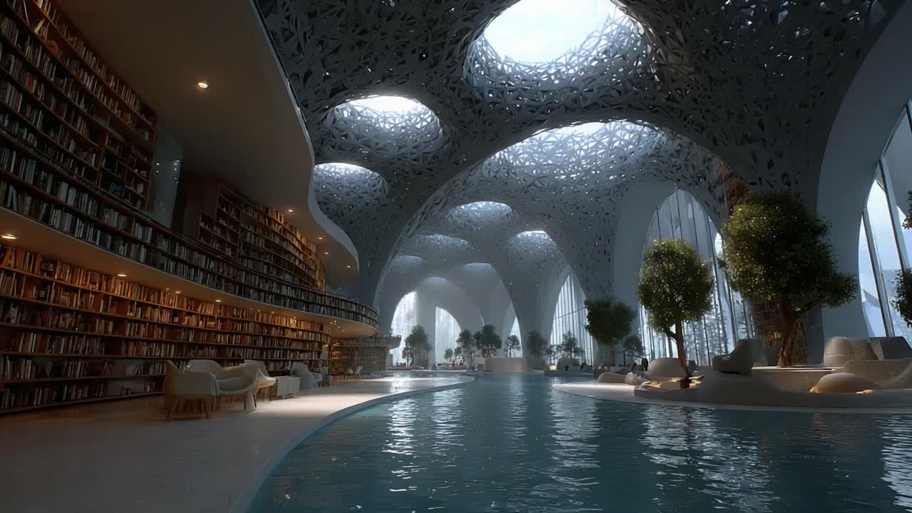 A Modern Architectural Masterpiece Featuring an Elegant Library Surrounded by an Expansive Pool and Lush Greenery, Bathed in Natural Light and Design Innovation