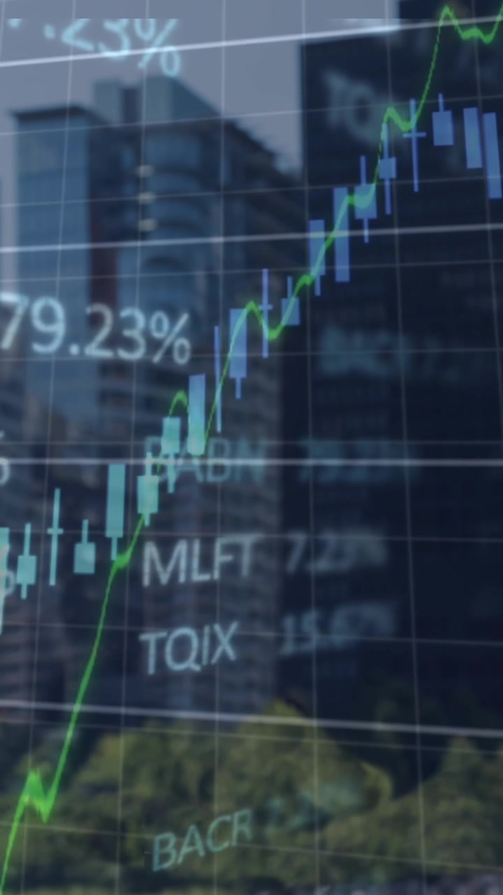 Animación de gráfico financiero y procesamiento de datos sobre paisaje urbano