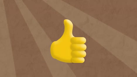 Digital-animation-of-thumbs-up-icons-against-moving-radial-rays-on-brown-background