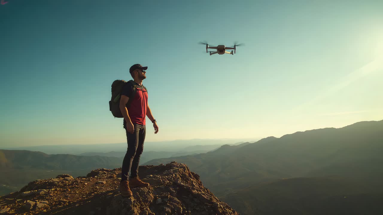Turning lone hiker following drone approach on rocky peak, wearing backpack and cap, copy space