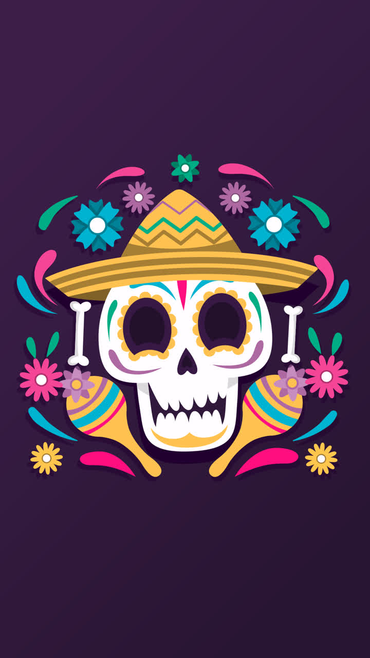 An animation of Smiley decorated skull dΓoe£┬ia de muertos background