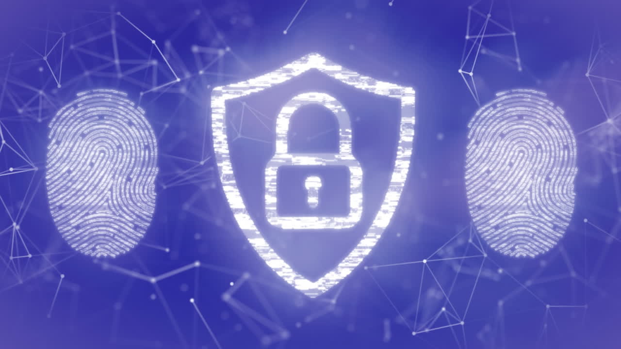 animación del candado de seguridad, el escáner biométrico de huellas dactilares y la red de conexiones.