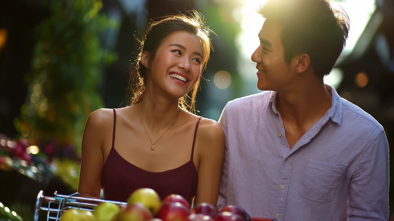 A Heartwarming Stroll Through a Vibrant Marketplace: Capturing Bright Smiles and Colorful Produce, This Couple Enjoys Each Other's Company in a Beautiful Setting Awash in Golden Light