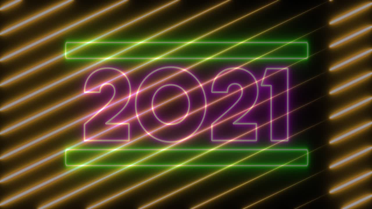 animación de 2021 en letras de neón rosadas con líneas diagonales doradas en movimiento sobre fondo negro