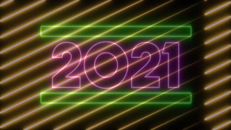 animation of 2021 in pink neon letters with moving gold diagonal lines on black background