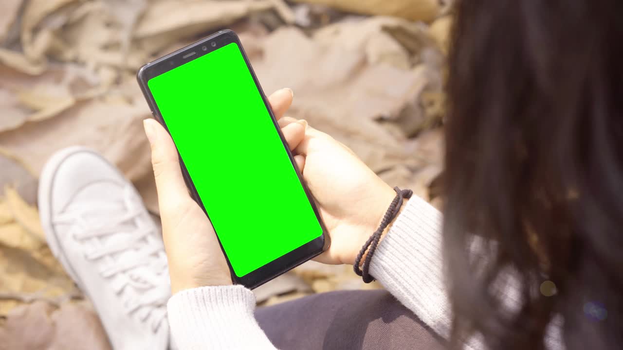 las manos sujetan el teléfono inteligente con la pantalla vacía en el parque