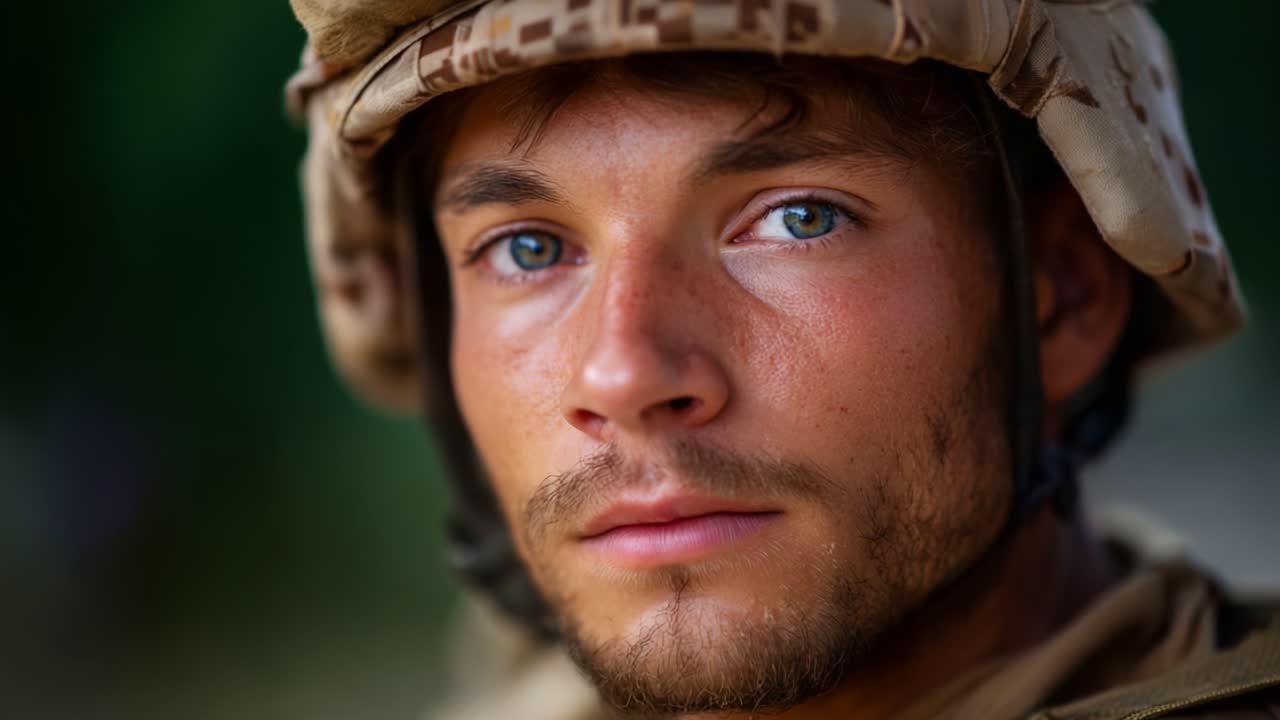 Nærbilledeportræt af en ung soldat i militærudstyr, der fremhæver intense øjne og et målrettet udtryk midt i en sløret, naturlig baggrund
