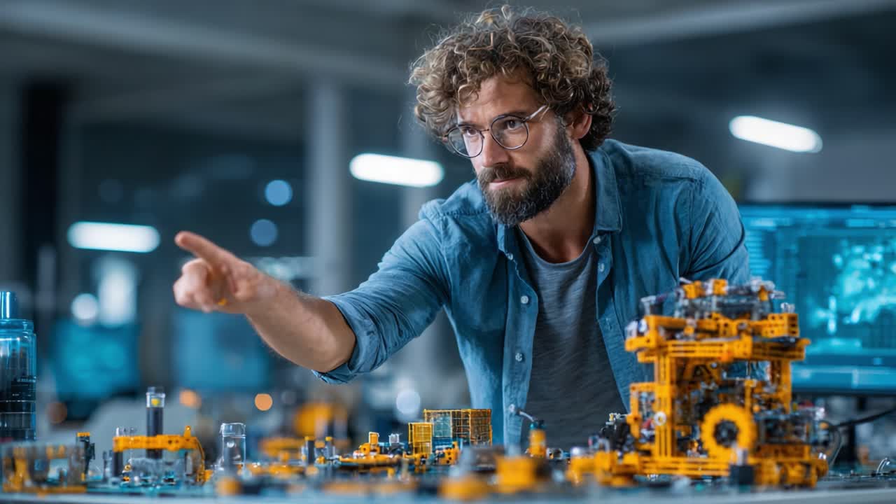 Innovative Engineer Engaged in Complex Mechanical Design, Analyzing and Sharing Creative Solutions Within a Modern High-Tech Workspace Environment