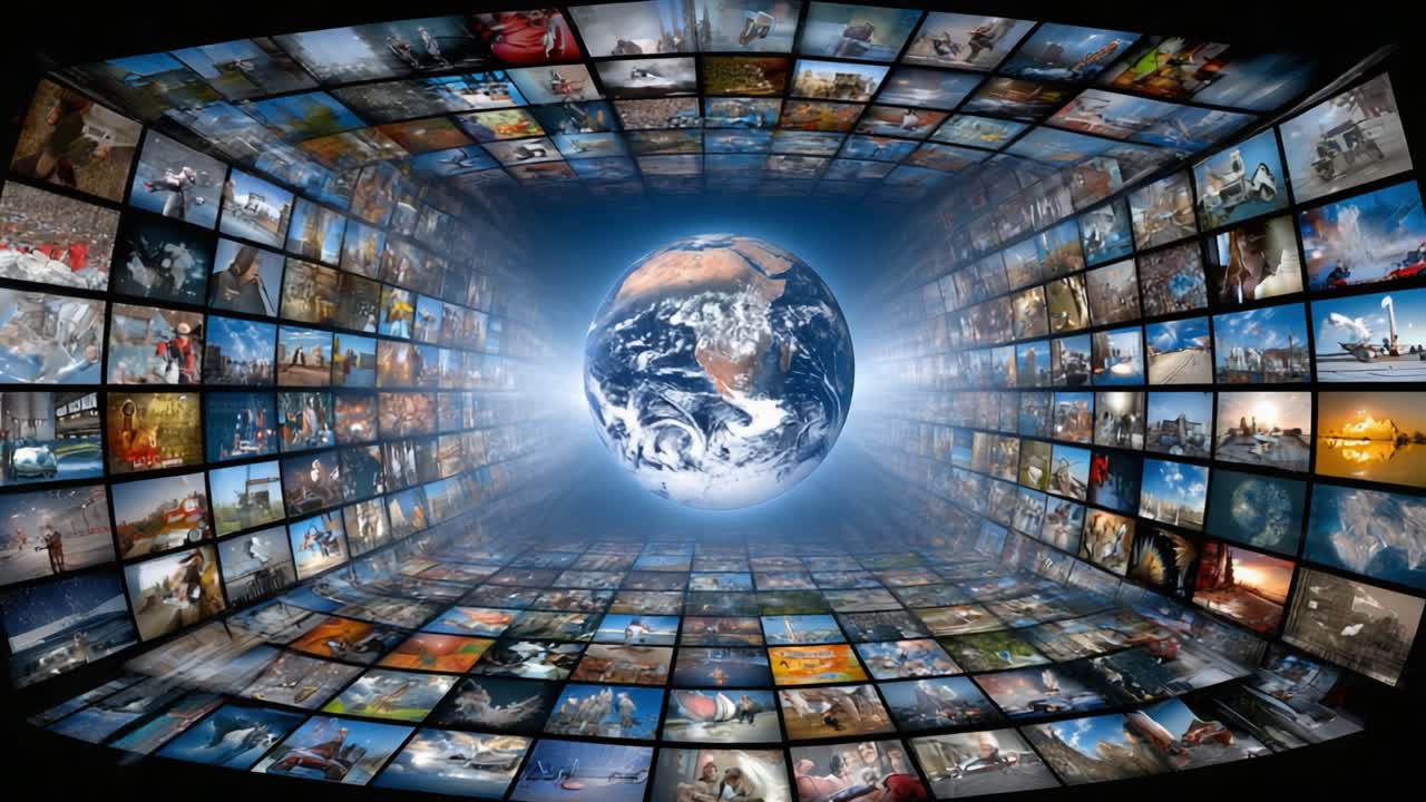 A Stunning Visualization of Earth's Presence Amidst a Dynamic Digital Environment Filled with Rich Imagery from Various Cultures and Activities Across the Globe