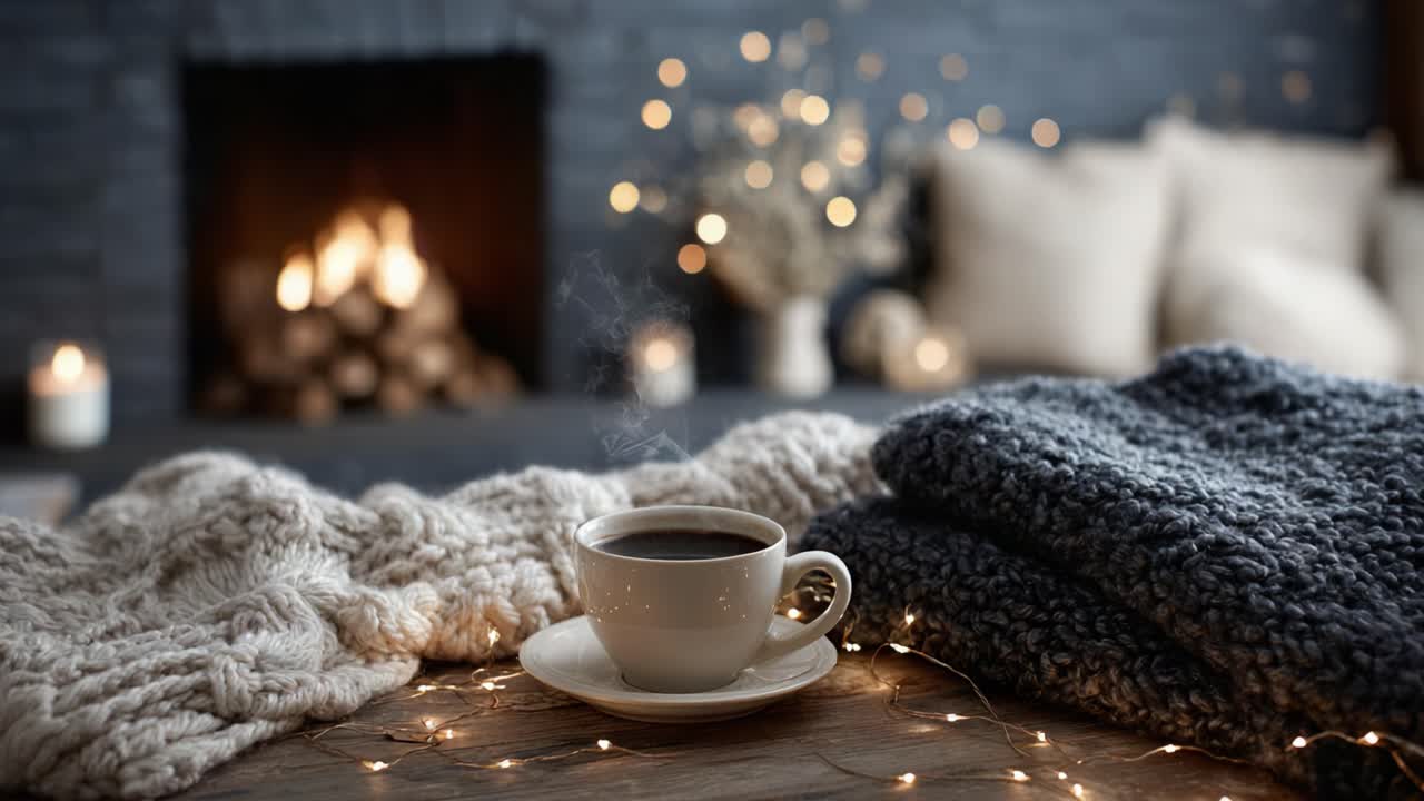 A Cozy Winter Retreat: A Warm Cup of Coffee Set Against a Soft, Textured Blanket With a Flickering Fireplace in the Background for Ultimate Comfort