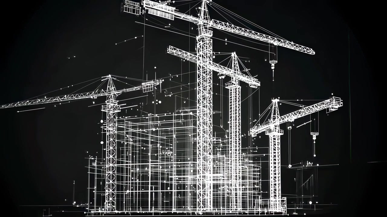 Digital wireframe-animation af byggeplads med kraner