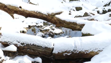 small icy river flowing trough snowy landscape - slow pan to right shot