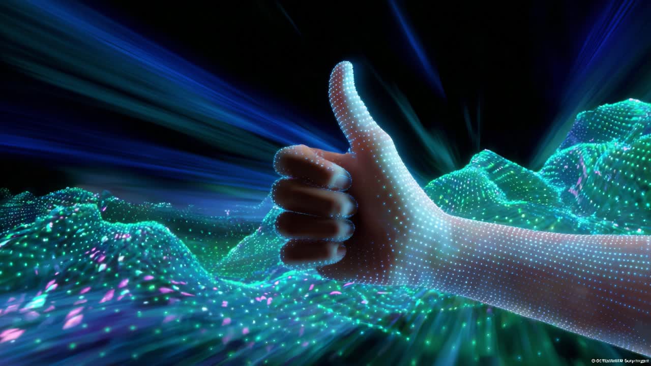 A Glowing Hand Gesture of Approval Against a Dynamic and Colorful Background Representing a Virtual Reality Environment, Symbolizing Positivity and Futuristic Technology