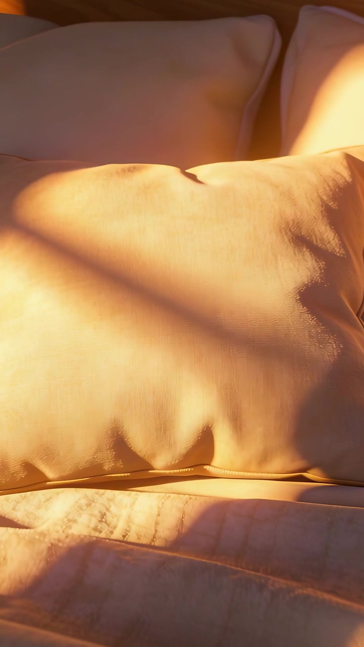 Video verticale: Sole basso che si sposta e fa scivolare le ombre delle persiane su un cuscino color crema sul letto e sulla trapunta.