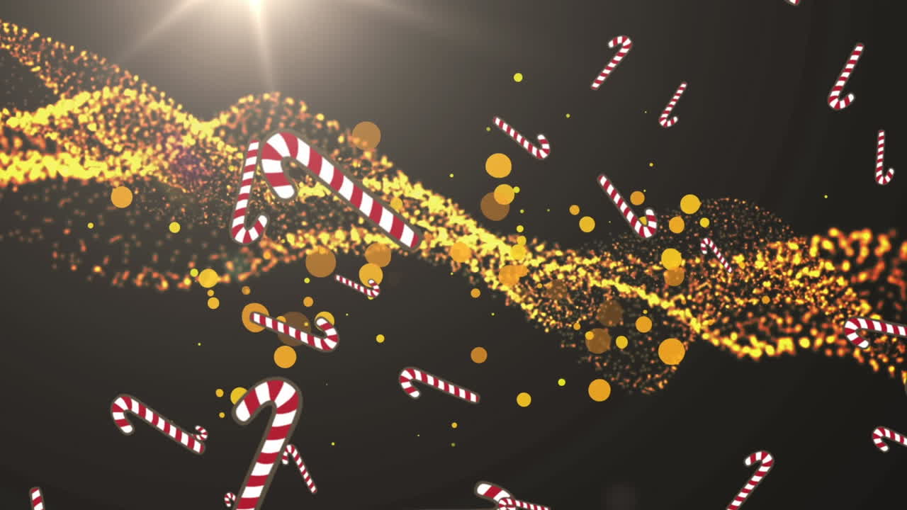 múltiples iconos de caña de caramelo que caen sobre manchas amarillas y digitales contra un fondo negro