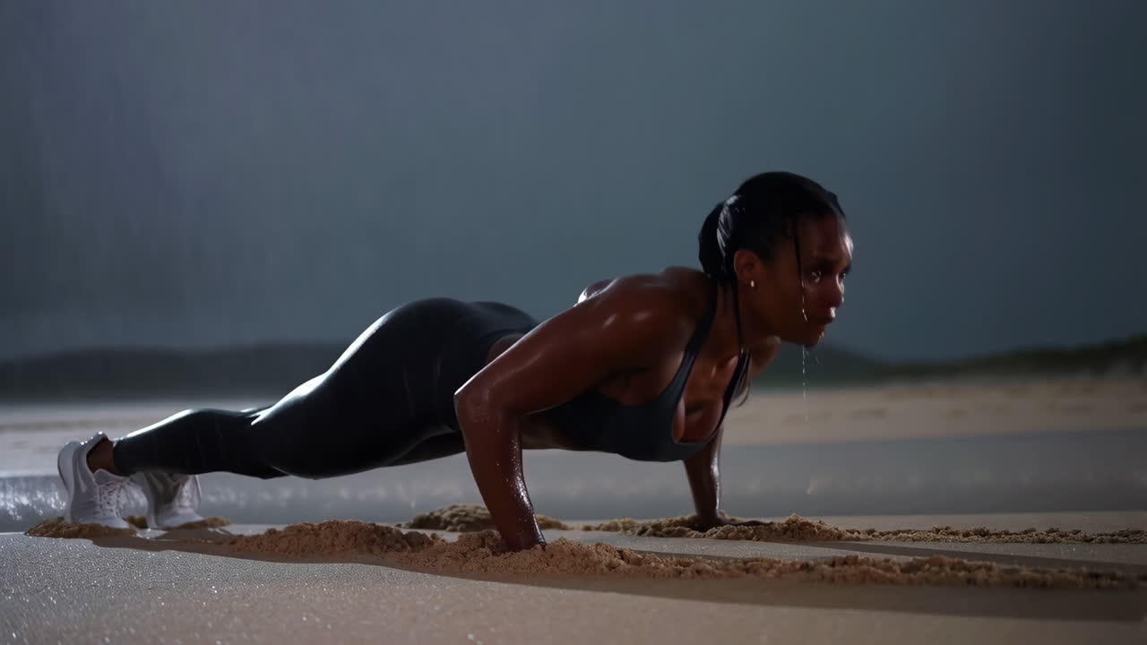 Woman doing intense push-ups on a sandy beach at night