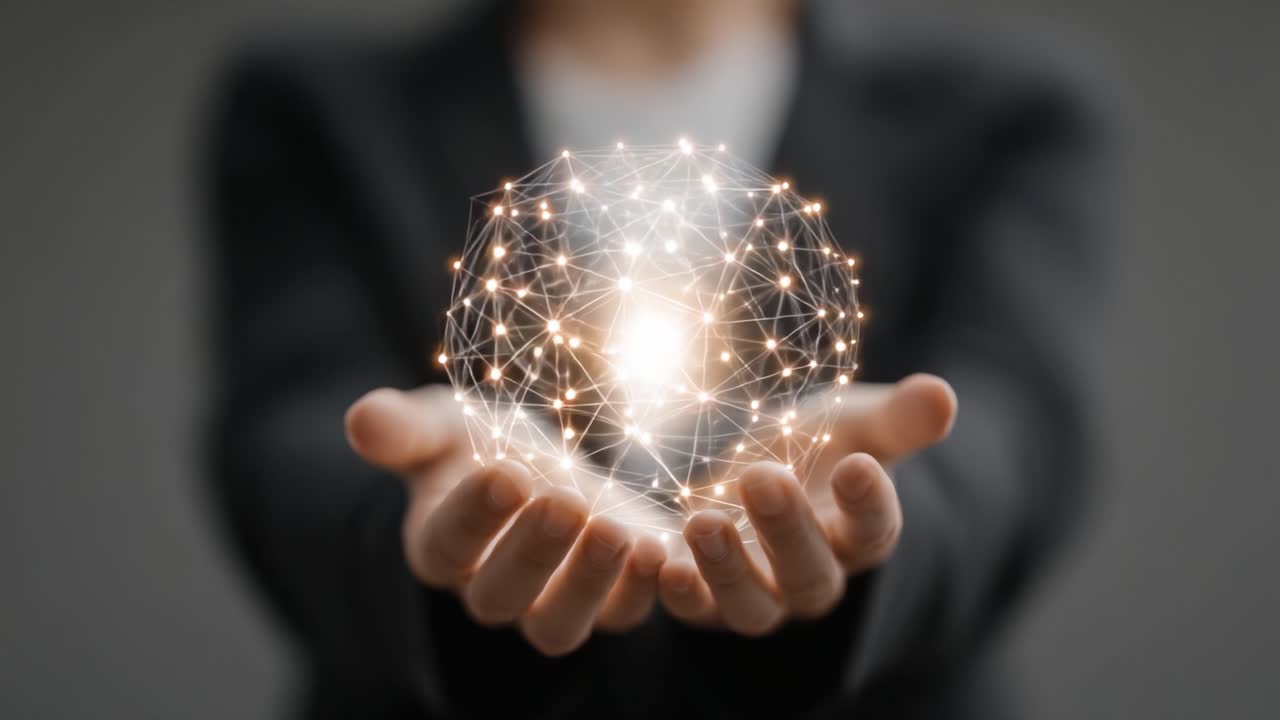 Una persona sostiene una esfera de luz brillante y conectada, simbolizando conexión, tecnología e innovación, con un fondo de enfoque suave que realza el resplandor etéreo de la escena.