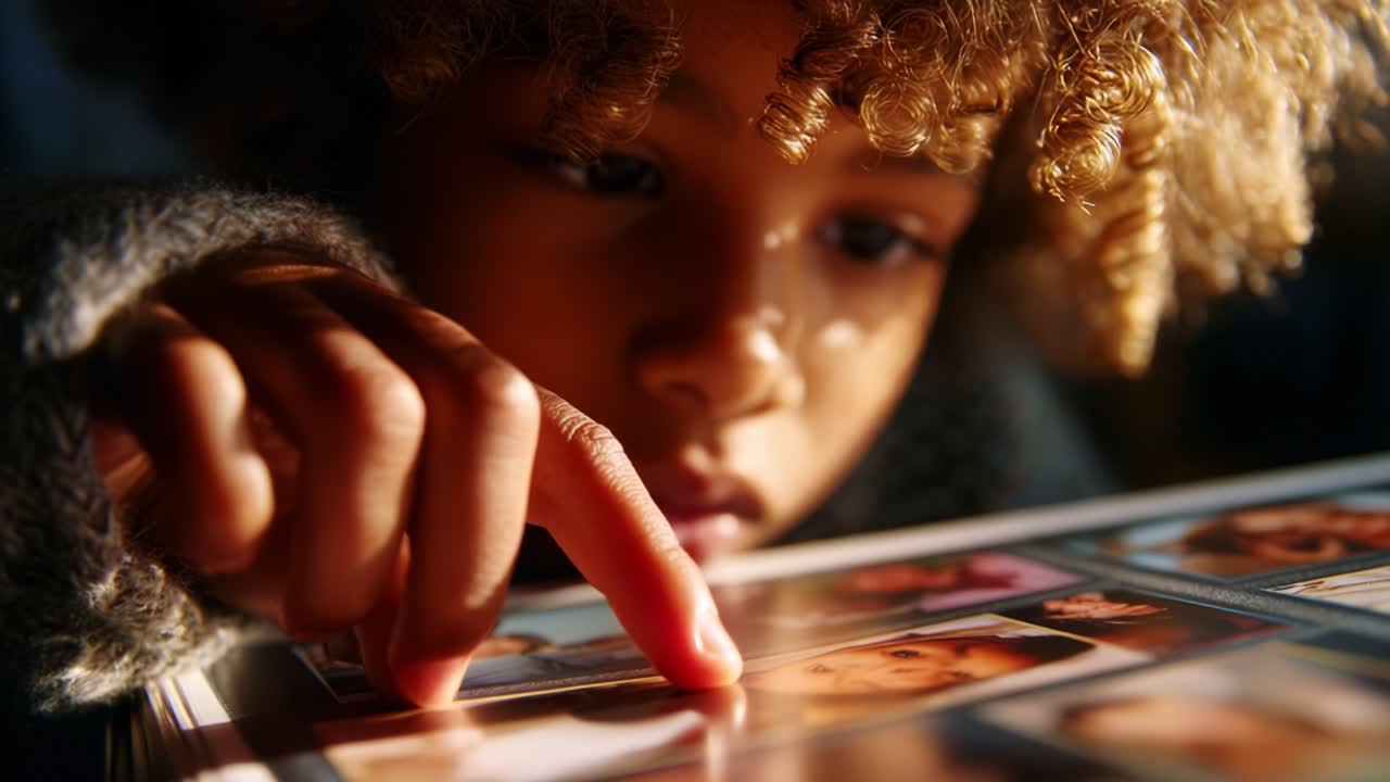 A Child's Curiosity Unfolds: Exploring Faces Through a Page of Memories, Capturing the Essence of Innocence and Wonder in a Beautifully Lit Moment