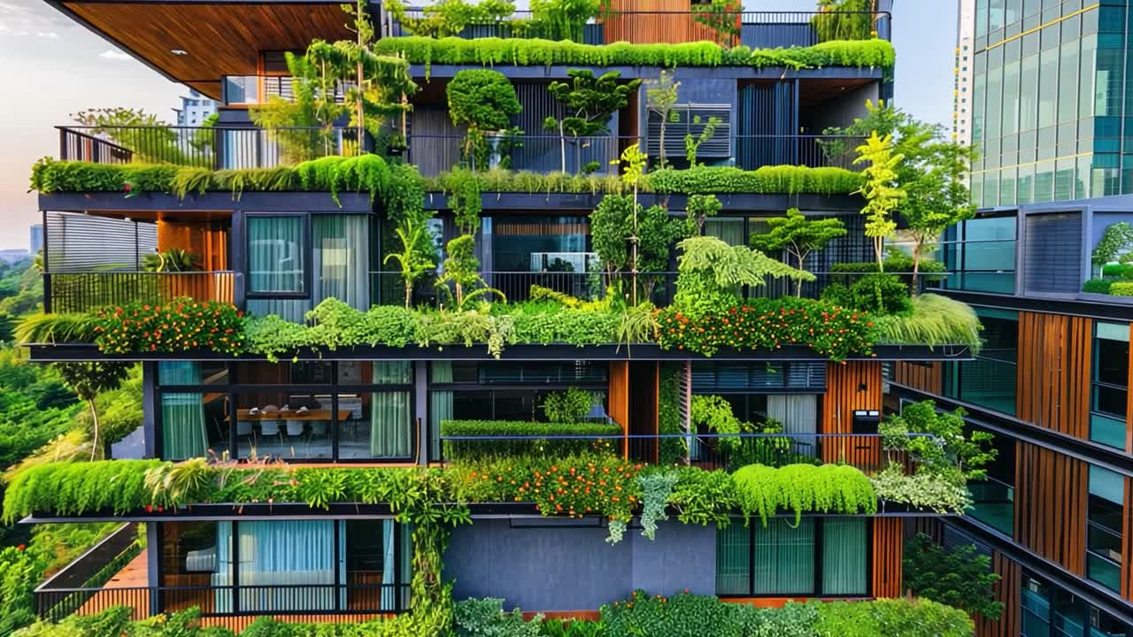 Modern Building with Lush Vertical Gardens and Green Balconies