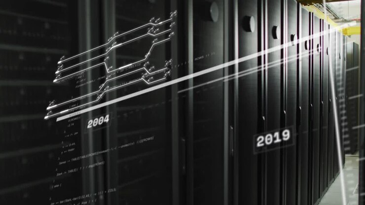 Animation of interface with data processing against computer server room