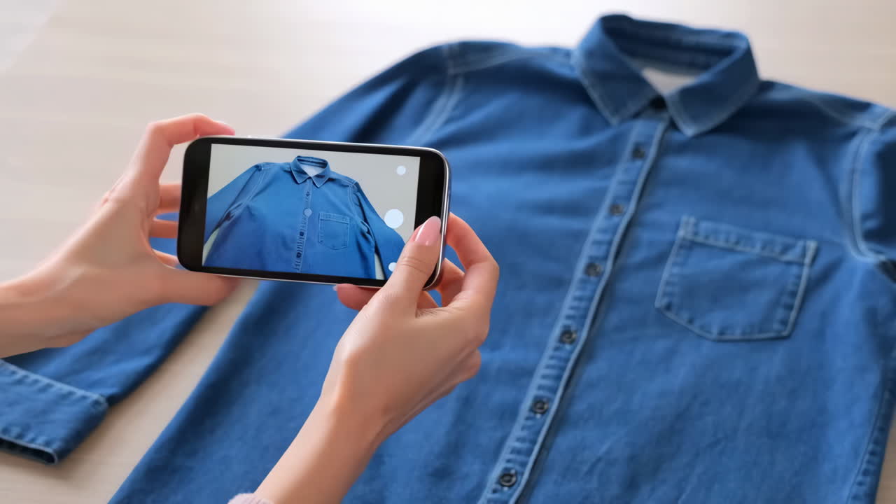 Person taking a photo of a denim shirt with a smartphone