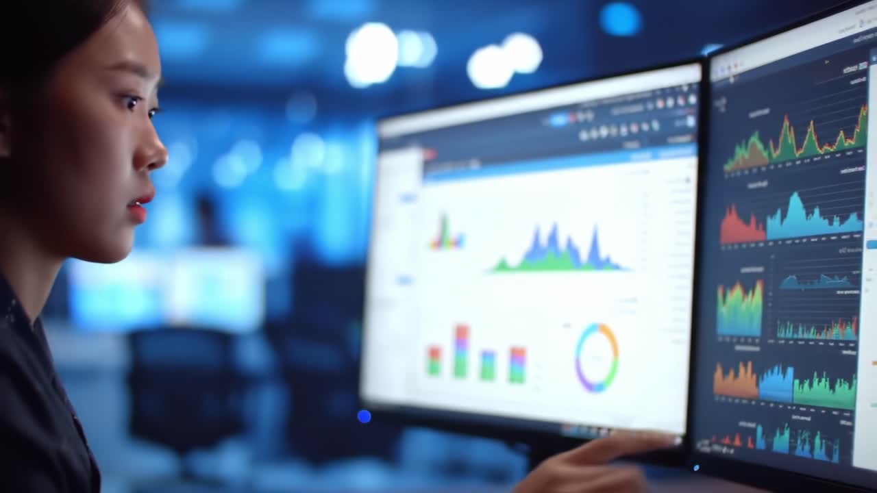 Analyzing Data Trends: A Woman Engaged in Data Visualization and Interpretation on Dual Monitors in a High-Tech Environment